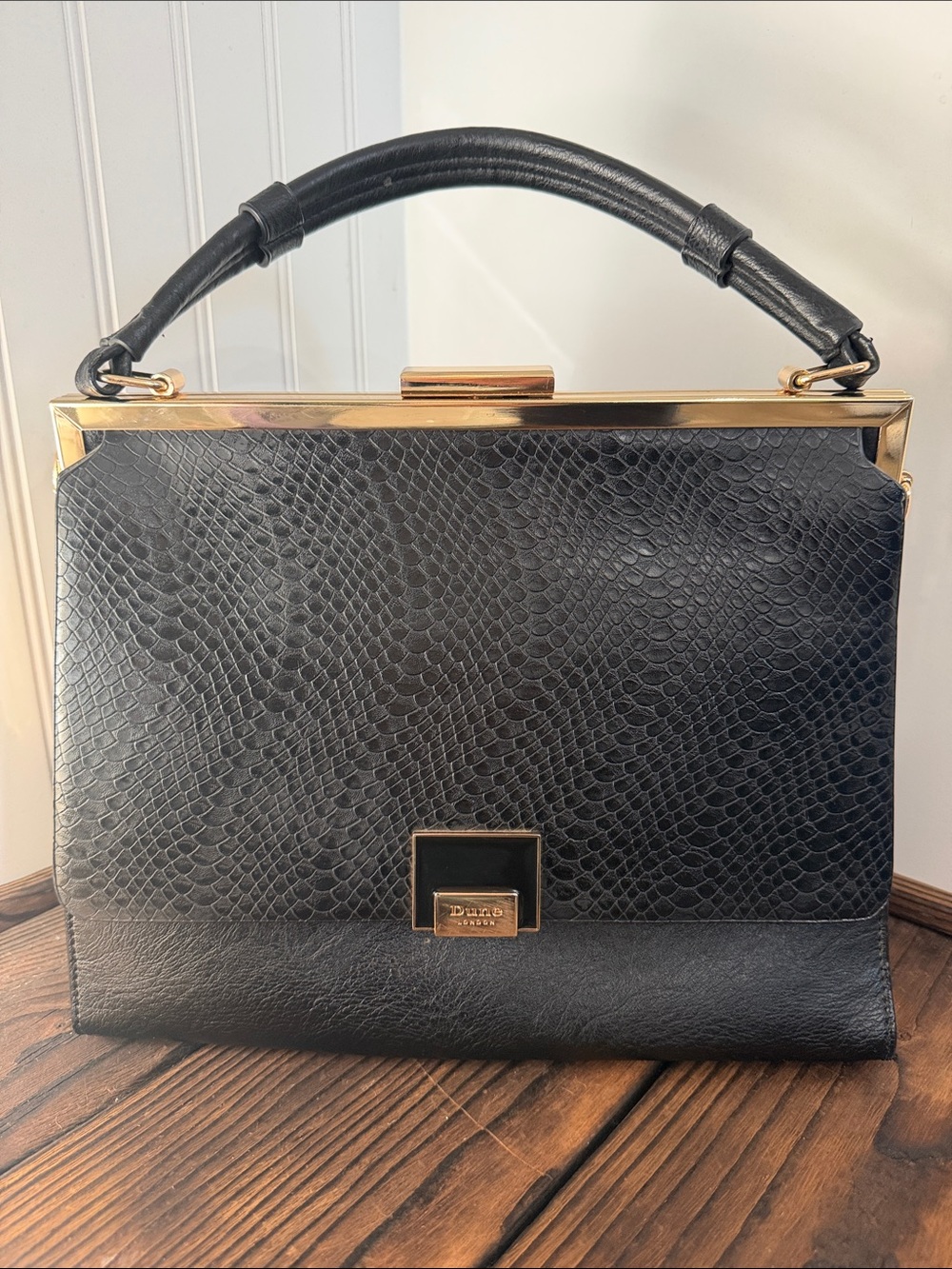 Dune London Black Textured Top-Handle Satchel with Gold Trim
